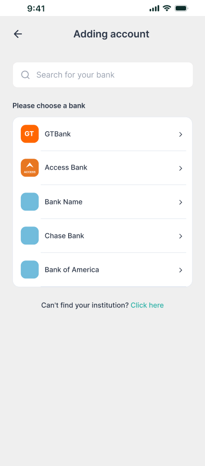 Add bank account screen